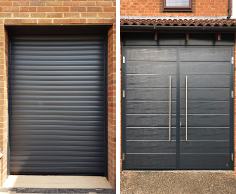 Anthracite roller shutter and side hinged garage doors 